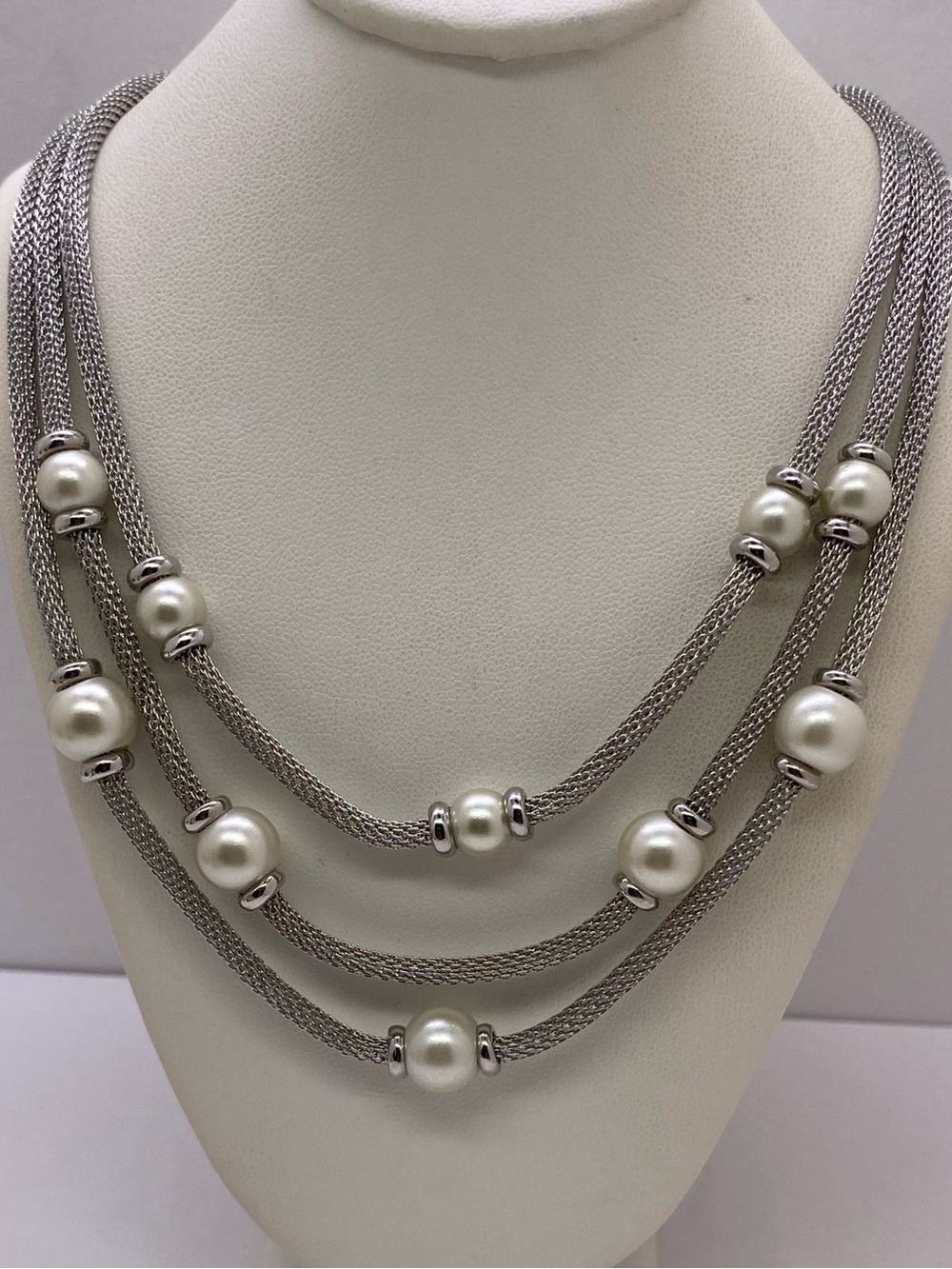 Anne Klein Silver Multi-Strand Necklace with White Pearls